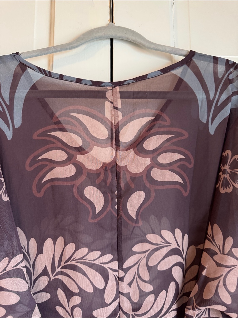 Women’s Semi Sheer Floral V-Neck Beach Coverup Dress - Taupe & Dusty Blue Belt - Picture 5 of 13